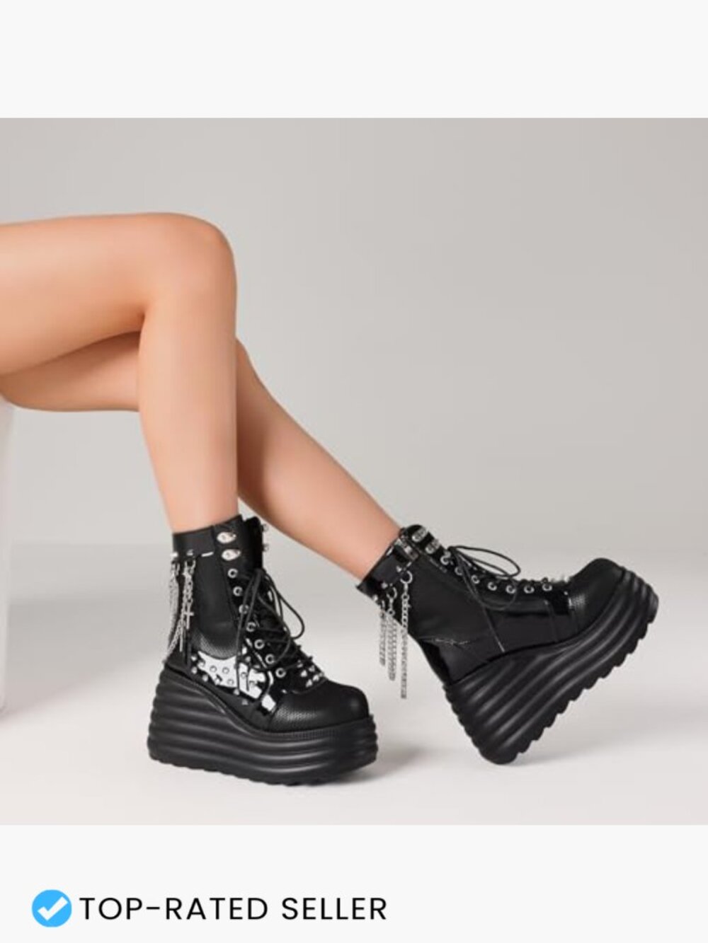 Gothic Ankle Boots Platform Combat Boots Punk Chains Studs Lace Up Wedge - Picture 6 of 7